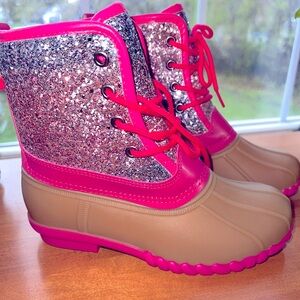 Girls FabKids pink glitter duck boots size 1